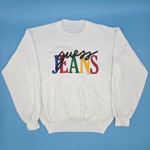 Vtg '92 Guess Jeans White Sweatshirt w/ Colorful Logo Cuffed Hem & Sleeves ~XL